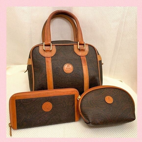 VINTAGE Pierre Balmain 3 piece set purse, wallet and makeup bag paisley Leather - Picture 1 of 14